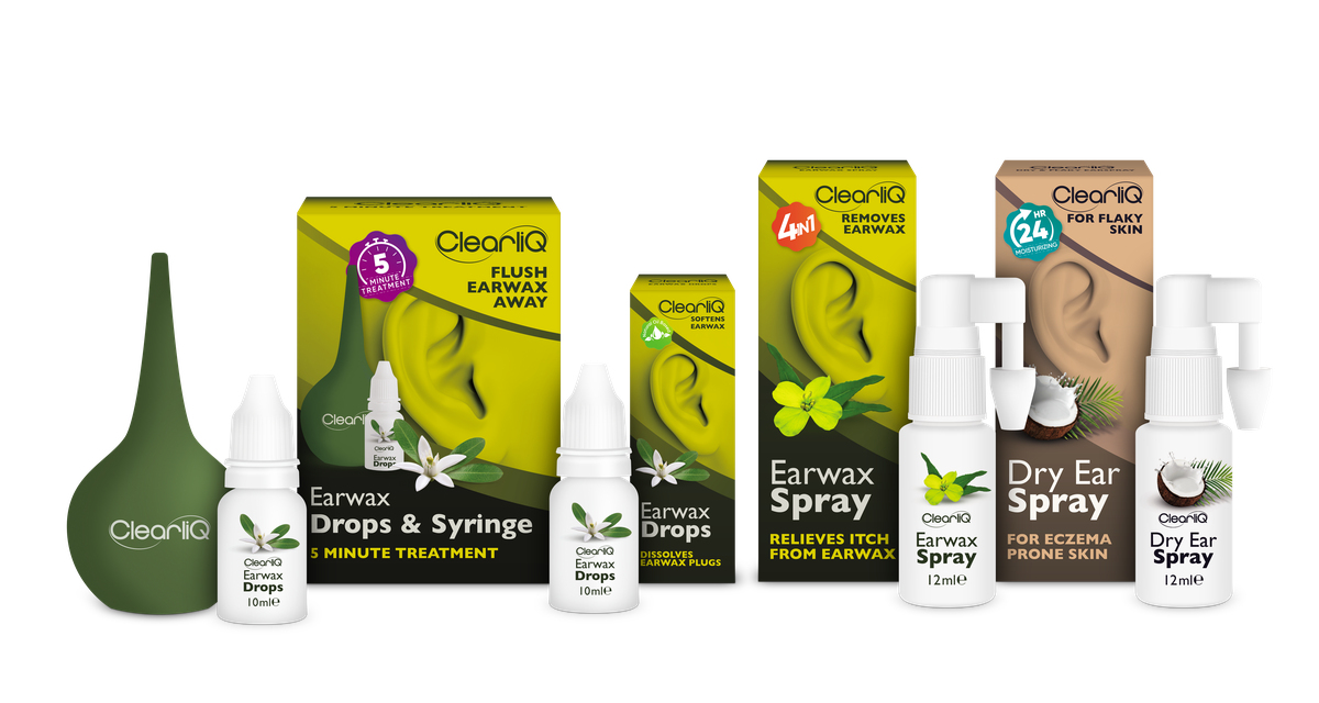 ClearliQ Earcare product line — Earwax Drops, Earwax Spray, Earwax Drops & Syringe and Dry & Flaky Ear Spray packaging