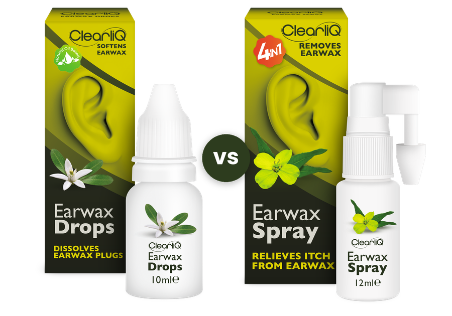 ClearliQ Earwax Drops next to Earwax Spray — side-by-side comparison